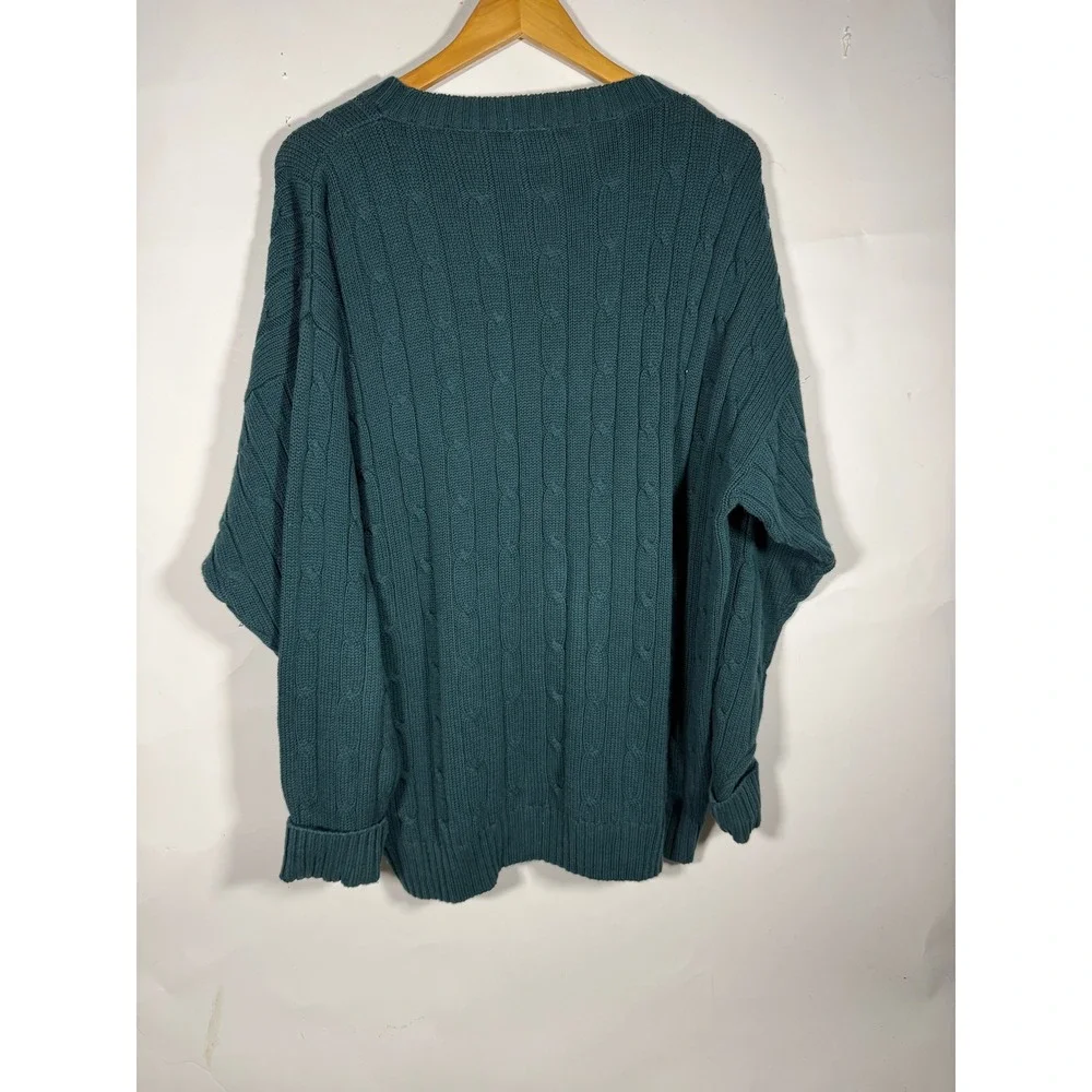 Izod Mens Cable Knit Crewneck Sweater Teal Green 100% Cotton L Vintage Style